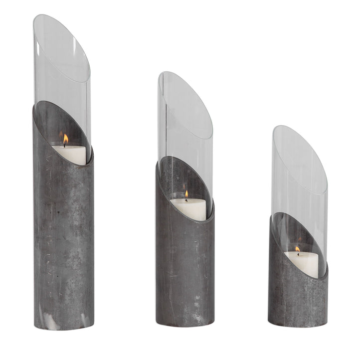 Karter - Iron & Glass Candleholders (Set of 3) - Pearl Silver & Dark Gray