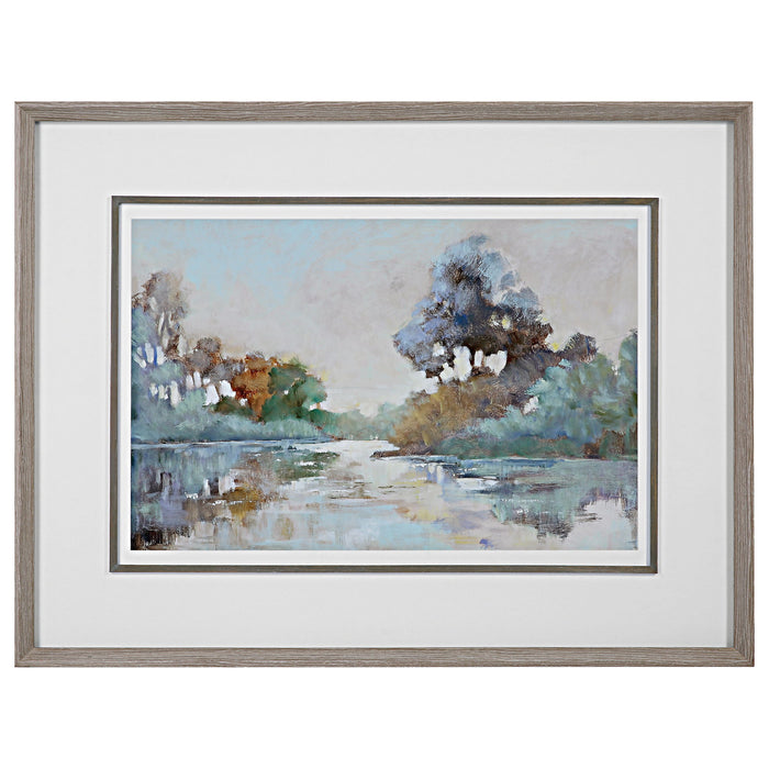 Morning Lake - Watercolor Framed Print - Blue