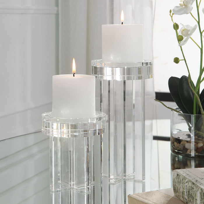 Crystal - Pillar Candleholders (Set of 2) - Silver