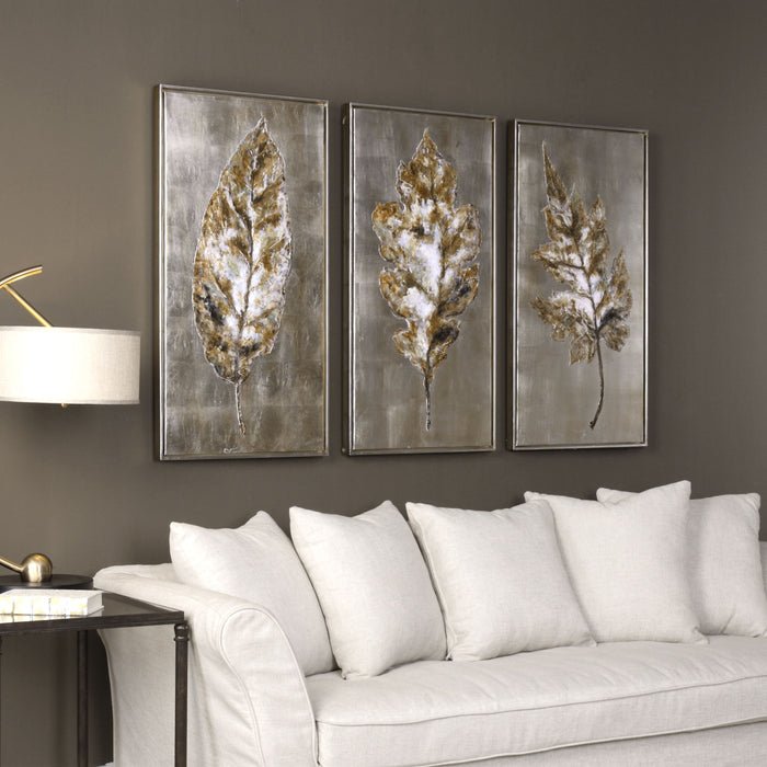 Champagne Leaves - Modern Art (Set of 3) - Pearl Silver